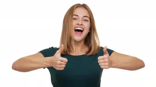Happy Woman Gives Thumbs Up on White Background