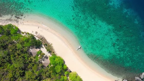 Aerial Footage of Tropical Beach on Helicopter Island with Palm Trees Blue Lagoon Azure Clear Water