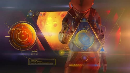 Astronaut Interacting with Futuristic Holographic UI for Space Exploration