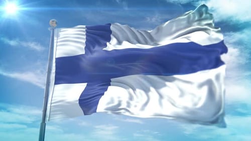 Realistic Finnish Flag Waving with Sunny Blue Sky Background