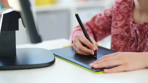 Graphic Tablet Used By Drawing Little Girl