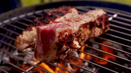 Grilled Steak. Ribs on Barbecue Grill. Cooking Pork Ribs on Grill on Flame