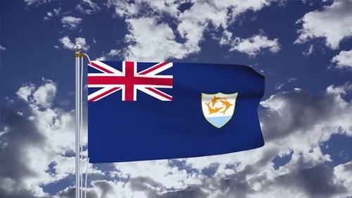 Anguilla Flag Waving in Blue Sky with Clouds