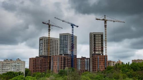 Timelapse of Building Concrete Multistory Modern Residential Skyscraper in Summer Russian Town