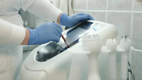 Hand Close Up Pressing a Stylus on the Touch Screen of an Innovative Device for Skin Rejuvenation in