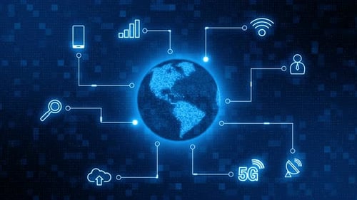 Blue earth sphere connection and data transfer futuristic technology abstract background