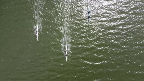 Aerial top view of professional sportsmen kayakers compete on the rowing canal.