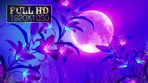 Glowing Purple Lilies and Moon with Subtle Particle Animation