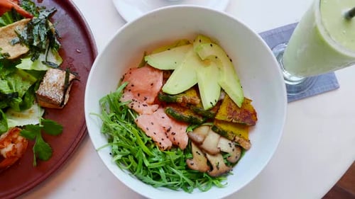 Salmon Salad with Avocado Zucchini Top View Rotating