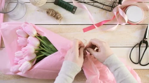 Hands Arranging Tulip Bouquet in Pink Tissue Paper
