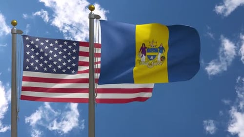Usa Flag Vs Philadelphia City Flag Pennsylvania On Flagpole