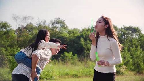 Family Fun Blowing Bubbles in the Park