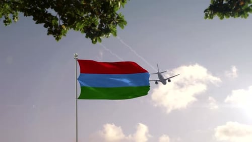 Waving Flag and Flying Airplane Over a Modern City