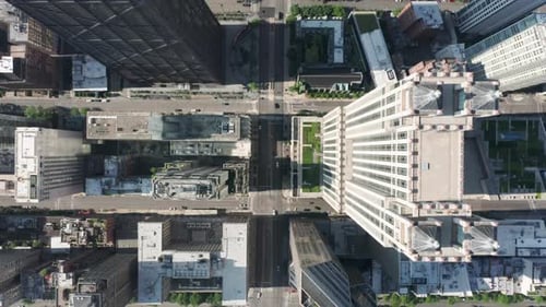 Top Down Aerial View of Tall Buildings and City Streets in Chicago City Illinois