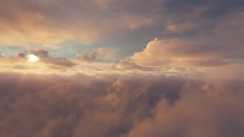 Cinematic Flight Over Golden Clouds with Sun Rays
