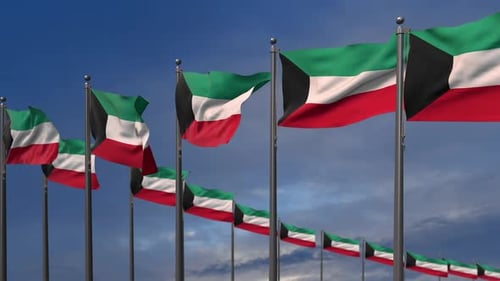 Waving Kuwaiti National Flags in the Wind