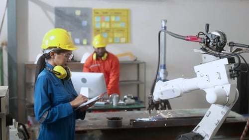 engineer cooperation male and female technician maintenance control relay robot