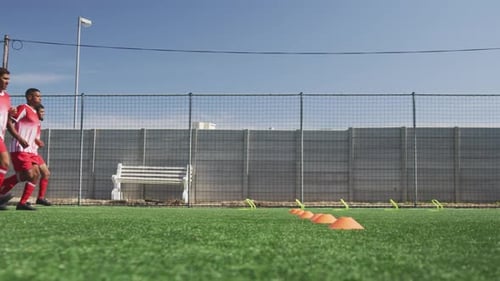 Soccer players training on field