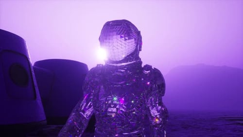 Futuristic Mirrored Astronaut Walking on an Alien Planet Surface