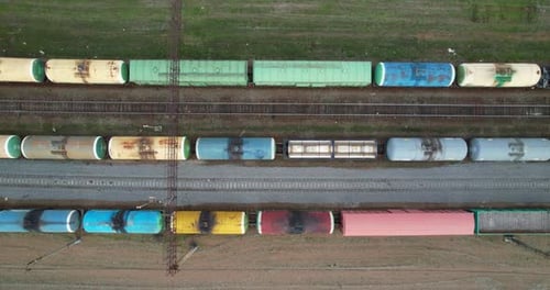 Aerial View of Colorful Train Wagons on Railroad
