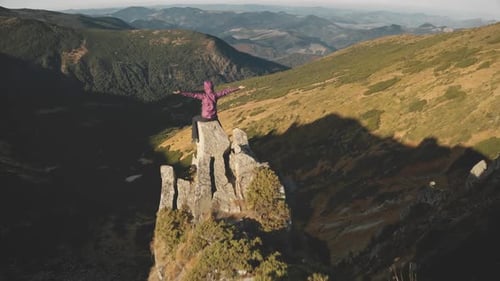 Aerial Tourist Woman Rise Hands