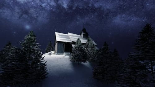 Peaceful Starry Night Over Snow-Covered Church and Pine Trees
