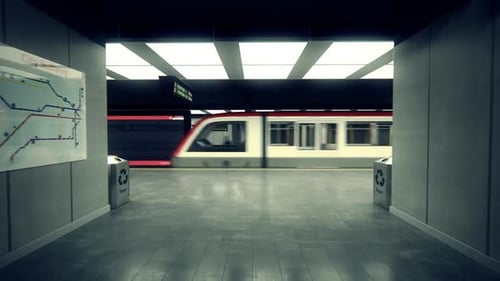 Tren subterráneo vacío que llega al andén de la estación de metro. Transportación