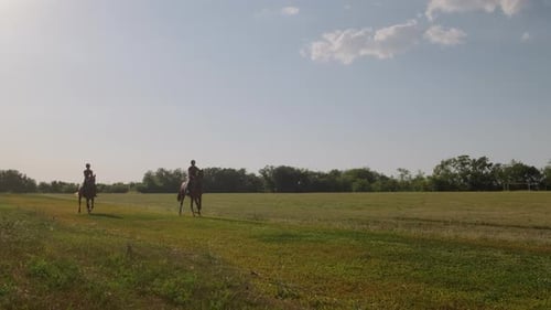 Riders Enjoying Horses on Grassy Open Field