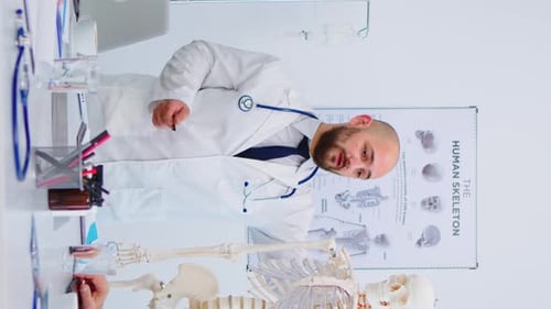 Doctor Examining Human Skeleton in Bright Office