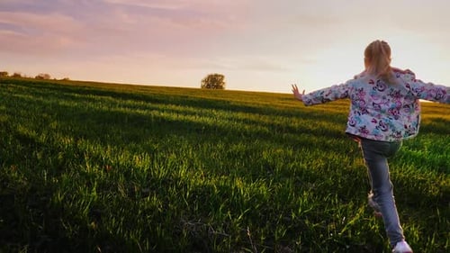A Little Girl Runs Across the Field Like an Airplane