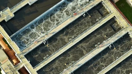 Aerial View of Modern Water Cleaning Facility at Urban Wastewater Treatment Plant
