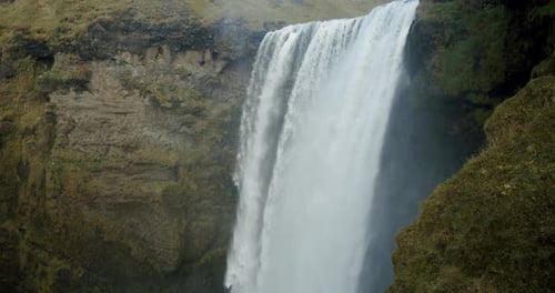 Skogafoss Waterfall in the South of Iceland. High Water Cascades Midium Shot