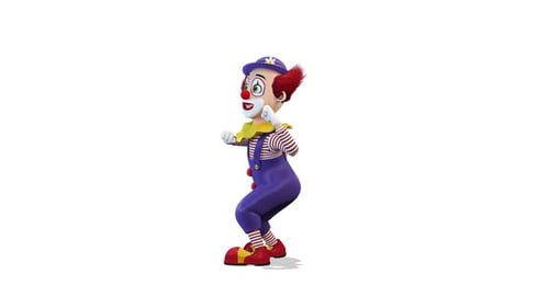 Glücklicher tanzender Clown auf weißem Hintergrund