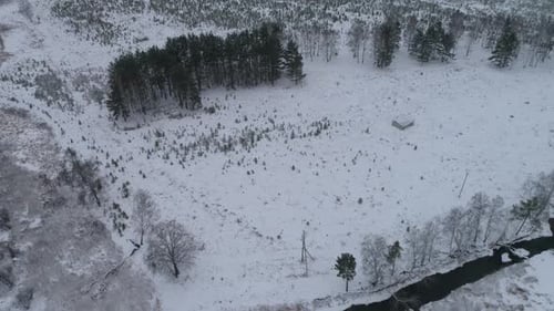 Luftaufnahme des Winterflusses in der Nähe des Waldes. Im fernen Dorf. Hauptsächlich bewölkt 03