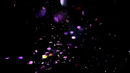 Violette Partikel, zufällige Bewegung der Partikel. Auf einem schönen, entspannenden Hintergrund. Glitzernde Partikel