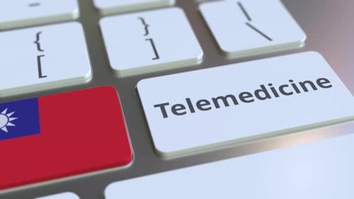 Telemedicine Button Press with Taiwan Flag on Keyboard