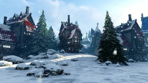 Magical Winter Village with Falling Snow