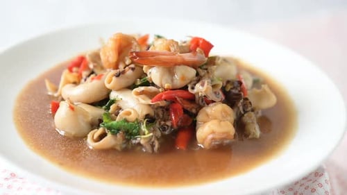 Delicious Seafood Dish with Shrimp, Squid, and Chilies