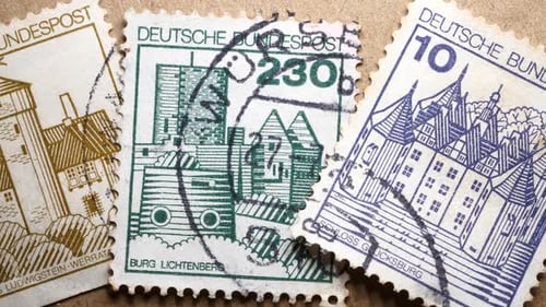 Vintage Postage Stamps with Castle Illustrations