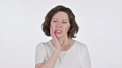 Old Woman with Toothache on White Background