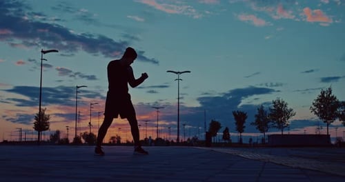 Workout of Sporty Man in City Park Breathing Exercises Silhouette Against Sunset Prores