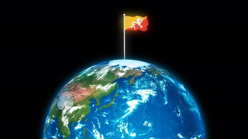 Drapeau flottant du Bhoutan sur la planète Terre pivotée en 3D