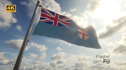 Fiji Flag Waving in Wind with Sunny Clouds