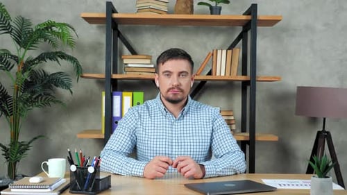 Business man listens conducts online remote interview potential employee company