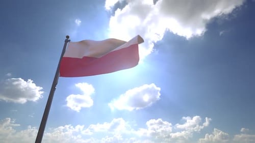 Realistic Polish Flag Waving in Bright Sunlight Against Blue Sky