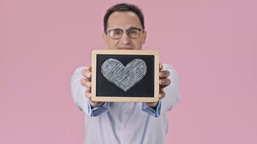Doctor Holds Chalkboard with Heart Drawing on Pink