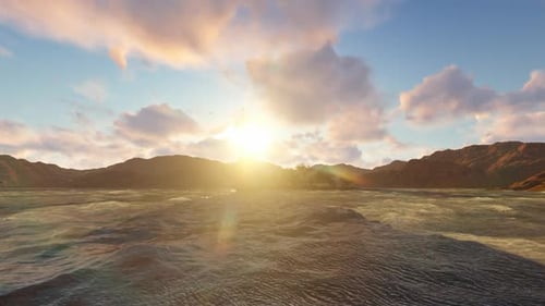 Animated Boat Floating on Water with Mountains at Sunrise