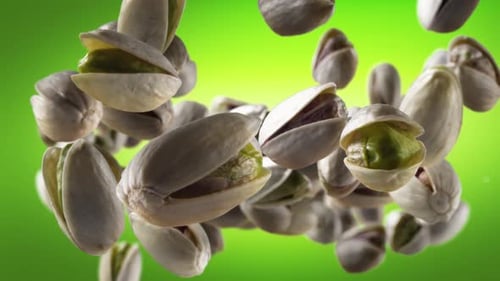 Flying of Pistachios in Green Background
