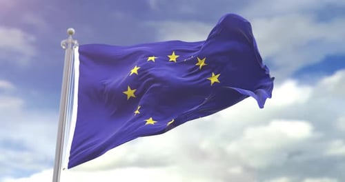 Realistic European Union Flag Waving Against Blue Sky