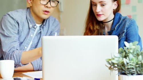 Team Collaborate Using a Laptop in the Workplace